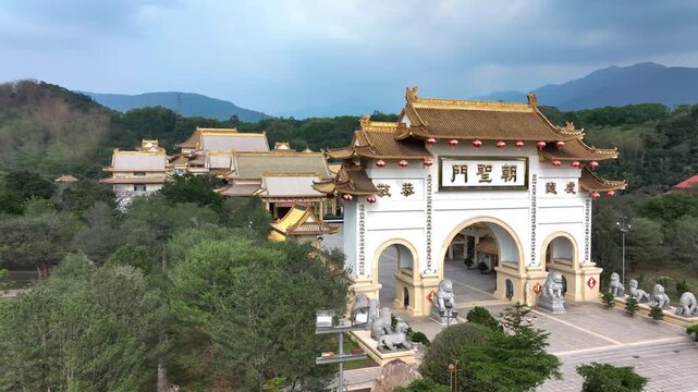 Stunning Entrance Gate To Shenwei Tiantaishan Monastery, Kaohsiung District In Taiwan, Aerial View