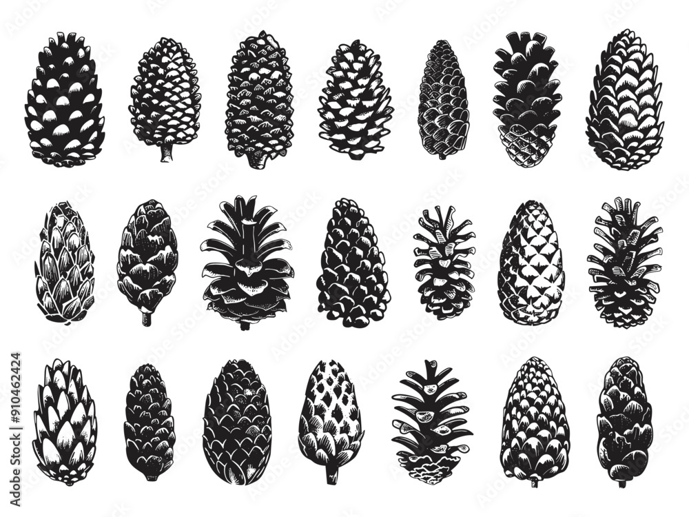 Poster different fir cones linocut print style icons set neat thick strokes and shapes black on white backg