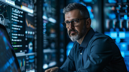 Cybersecurity specialist sitting in a network operations center, surrounded by monitors displaying code and data