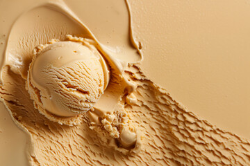 Boule de glace au caramel en gros plan montrant des textures riches crémeuses et onctueuses, évoquant une sensation de douceur et de plaisir gourmand sucré espace négatif copyspace