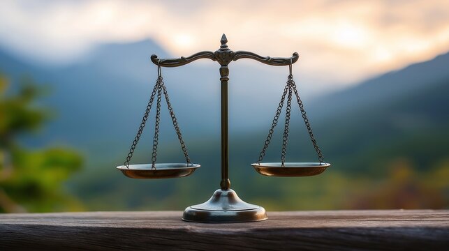 A vintage balance scale stands on a wooden surface with a blurred natural background, symbolizing justice and equilibrium
