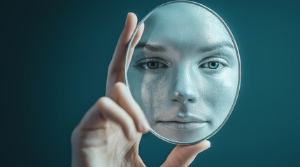 A close-up of a person holding a mirror reflecting their face with a smooth, metallic appearance against a dark blue background