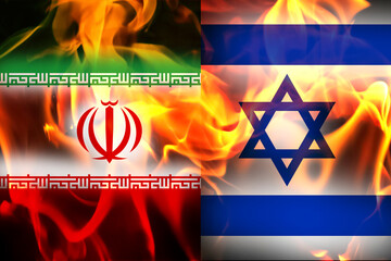 Conflict between Iran and Israel. Iran Israel war concept. Flags on flame. flames of war in the Middle East