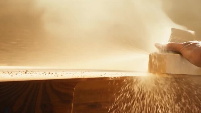 A craftsman skillfully planes a wooden board, creating fine shavings that float in the warm sunlight within the workshop