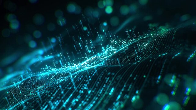 Abstract digital data wave with glowing particles and dynamic lines on a dark background, concept of technology and data visualization. 3d animation - Powered by Adobe