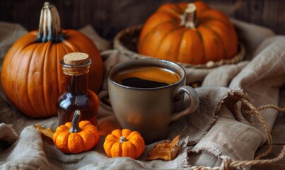 A cup of coffee with small pumpkins and a pumpkin spice syrup bottle