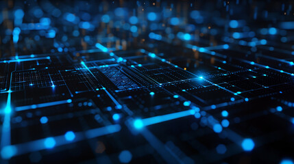 Futuristic digital technology grid expanding on a dark background with glowing blue lines