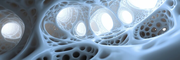 A futuristic, abstract interior featuring intricate, translucent geometric structures with luminous openings