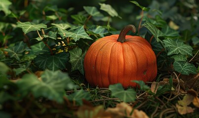 Obraz premium A close-up of a pumpkin vine with a focus on a single large pumpkin