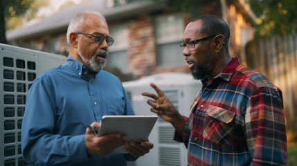 HVAC technician is explaining an estimate for work to a customer using a digital tablet