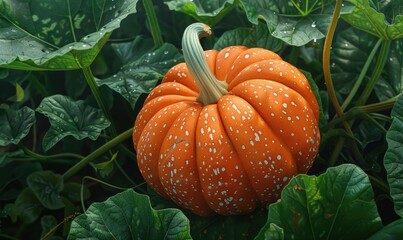 Obraz premium A close-up of a vibrant orange pumpkin with small white spots