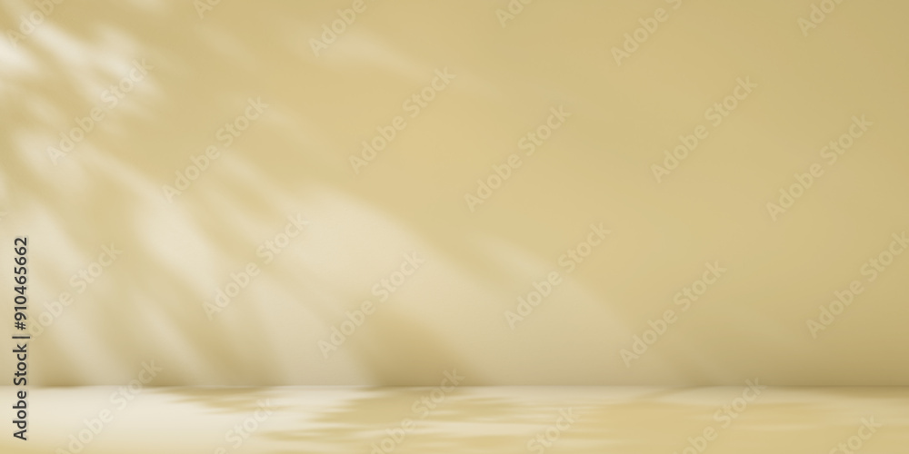 Poster beige minimalist studio for product presentation. empty room with shadows of tree leaves. 3d room ba