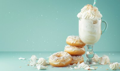 An image of coconut cream donuts on a pastel turquoise background