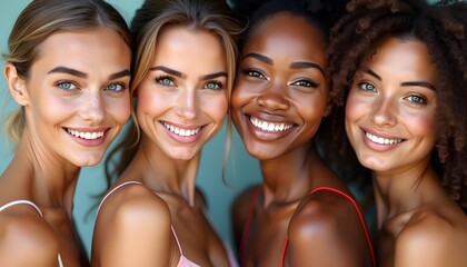 Fototapeta premium A diverse group of beautiful women with natural beauty and glowing smooth skin. Portrait of many attractive female fashion models with great skincare of all races, tones and style, Generative AI