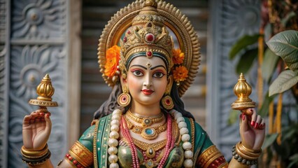The image shows a stunning statue of Goddess Parvati, adorned with elaborate jewelry and a decorated crown, holding golden objects in both hands, with a detailed backdrop and vibrant flowers in her ha