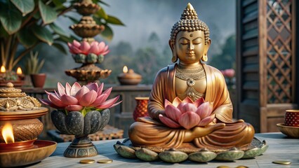 Fototapeta premium sculpture of golden Buddha sitting against the backdrop of nature, lotus flowers nearby