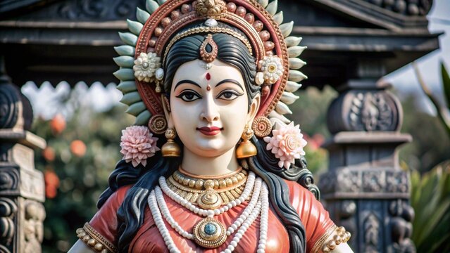 statue of Goddess Parvati, adorned with elaborate jewelry and a decorated crown, holding golden objects in both hands, with a detailed backdrop and vibrant flowers in her hair.