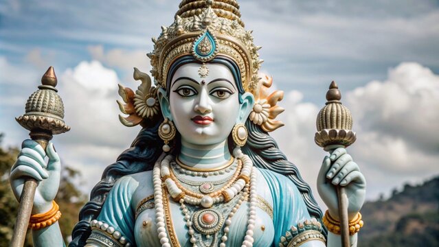 statue of Goddess Parvati, adorned with elaborate jewelry and a decorated crown, holding golden objects in both hands