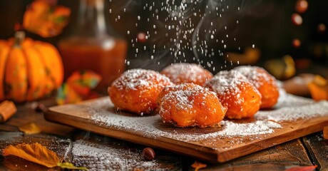 Obraz premium A pumpkin fritters dusted with powdered sugar served on a rustic wooden board