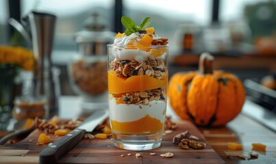 Obraz premium A pumpkin parfait with layers of pumpkin puree, yogurt and granola