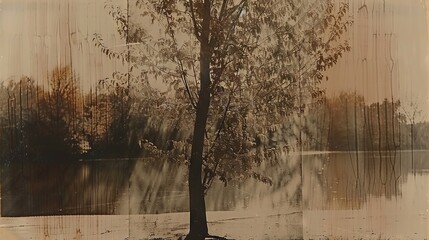   A tree in front of a water body with trees in the foreground and a building behind