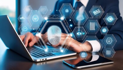 Man working on a laptop with futuristic icons projecting