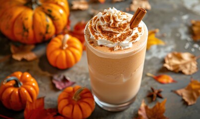 A pumpkin spice milkshake with whipped cream and a cinnamon stick