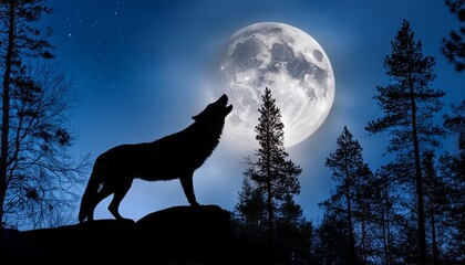 Wolf at night howling during the full moon