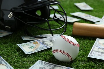 Baseball ball, bat, helmet and dollar banknotes on green grass outdoors, closeup