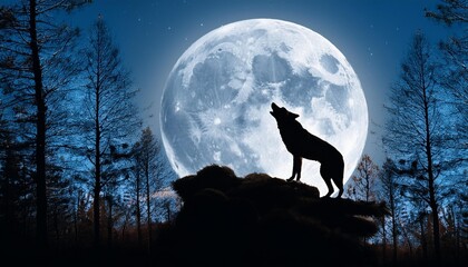 wolf howling at night with a beautiful full moon behind