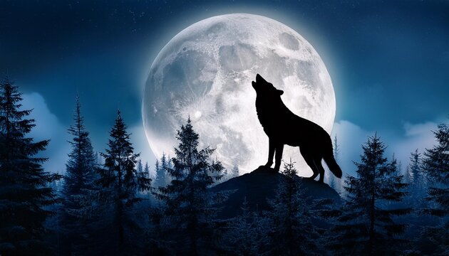 wolf howling at night, beautiful full moon