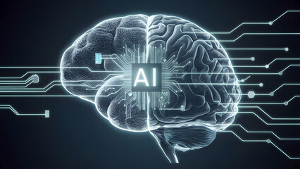 The futuristic brain contains AI text representing artificial intelligence, technology, data science and innovative Internet projects.