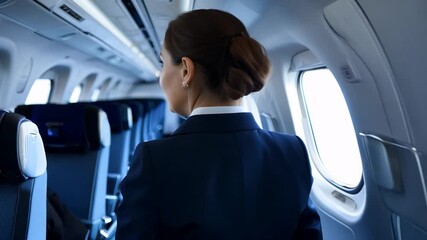A flight attendant in uniform is walking through the airplane aisle as passengers begin to board the flight