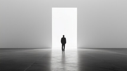 Obraz premium 明るい大きな扉に向かう一人の男性、挑戦や決意、勇気のイメージ
