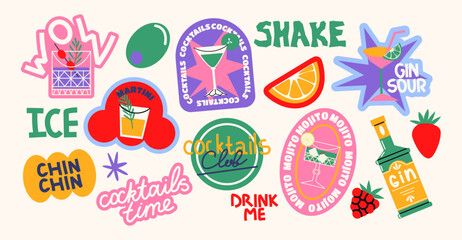 Cartoon cocktails stickers. Set of alcoholic drinks. Retro cans of refreshing drinks with ice for party. cocktail trending doodle stickers, patches, labels in y2k retro groovy style
