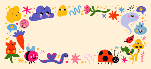 Cartoon doodle frames banner in the retro groovy 90s style. Hippie comic  design elements, flowers, pets, fruits. Acid bright sticker pattern	
