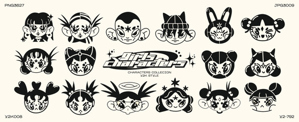 Retro cartoon character in Y2K style. Cyber girls with stars for 90s design. Collection mscots of vector funky futuristic objects	