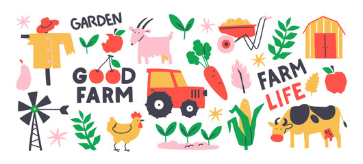 Farm sticker set. Cartoon set of agricultural garden and vegetable garden elements. Tractor, cattle, plants and harvest. Hand drawn doodle shapes