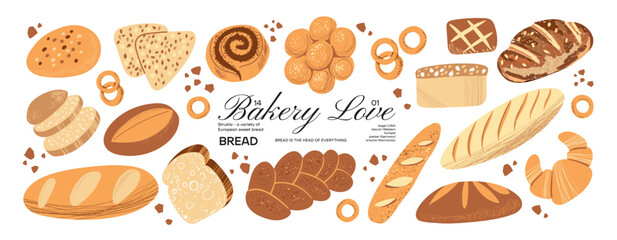 Bakery stickers pastries, bread, croissants, baguette, cookies. Vector labels, patches, sweet pastries, candies, products.	