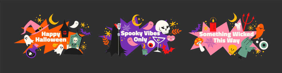 Naklejka premium Cartoon halloween stickers in 90s groovy style. ghost character, hat, cat, coffin, bat, pumpkin, etc. Vintage retro halloween doodle 90s elements