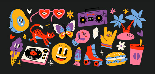 Set cute cartoon doodle stickers in the retro groovy 90s style. Hippie design elements,sweets, pets, ufo. Acid bright sticker pack	