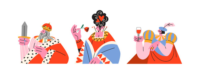Cartoon characters of playing cards. King, queen, jack of various suits. Doodle mascots of the card game of Fool