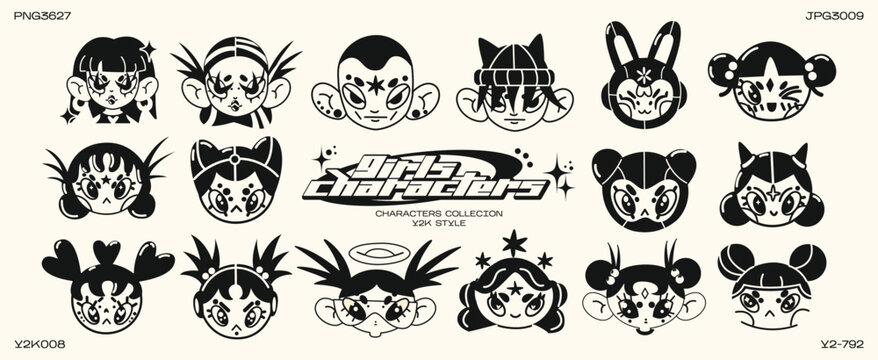 Retro cartoon character in Y2K style. Cyber girls with stars for 90s design. Collection mscots of vector funky futuristic objects	
