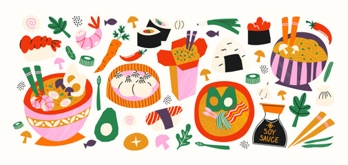 Asian cuisine cartoon set of stickers in retro 90s style. Food, dishes, ramen, noodles, sushi, traditional dishes. Japanese cafe bar restaurant. Vector shapes of national East Asian Japanese and Chine