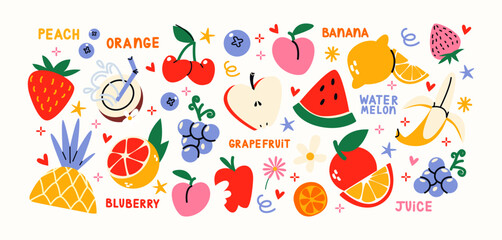 Cartoon stickers fruits and berries. Set of tropical exotic fruits in retro doodle groovy style. Vegetarian healthy food, vitamins.