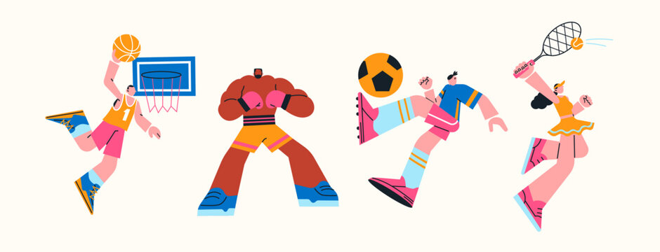 Cartoon mascots characters athletes. Active sports basketball, football, tennis, boxing. People sportsmans in uniform work out in the gym