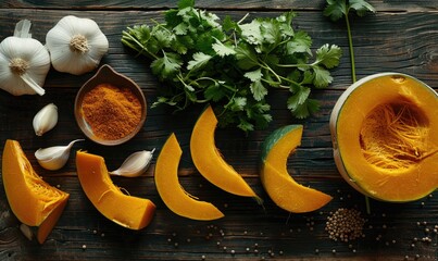 A top-down view of a table with fresh cilantro, halved pumpkin, garlic cloves, and a selection of herbs