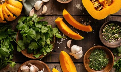 A top-down view of a table with fresh cilantro, pumpkin wedges, minced garlic, and a bowl of herbs