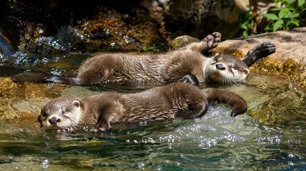 Fototapeta premium A pair of otters swim in water, their paws floating above the surface