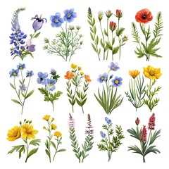 Vibrant Flower Artwork Set, Scrapbooking Art Concept, Gardening Brand Logo, Floral Sticker Sheet, Isolated Floral Clipart Design, Natural Beauty Plant Collection, White Background Easy Custom Editing